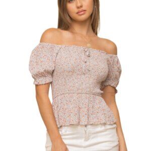 ✨ NWT Hem & Thread Smocked Peplum Off-Shoulder Ditsy Floral Tube Top – Cream, De